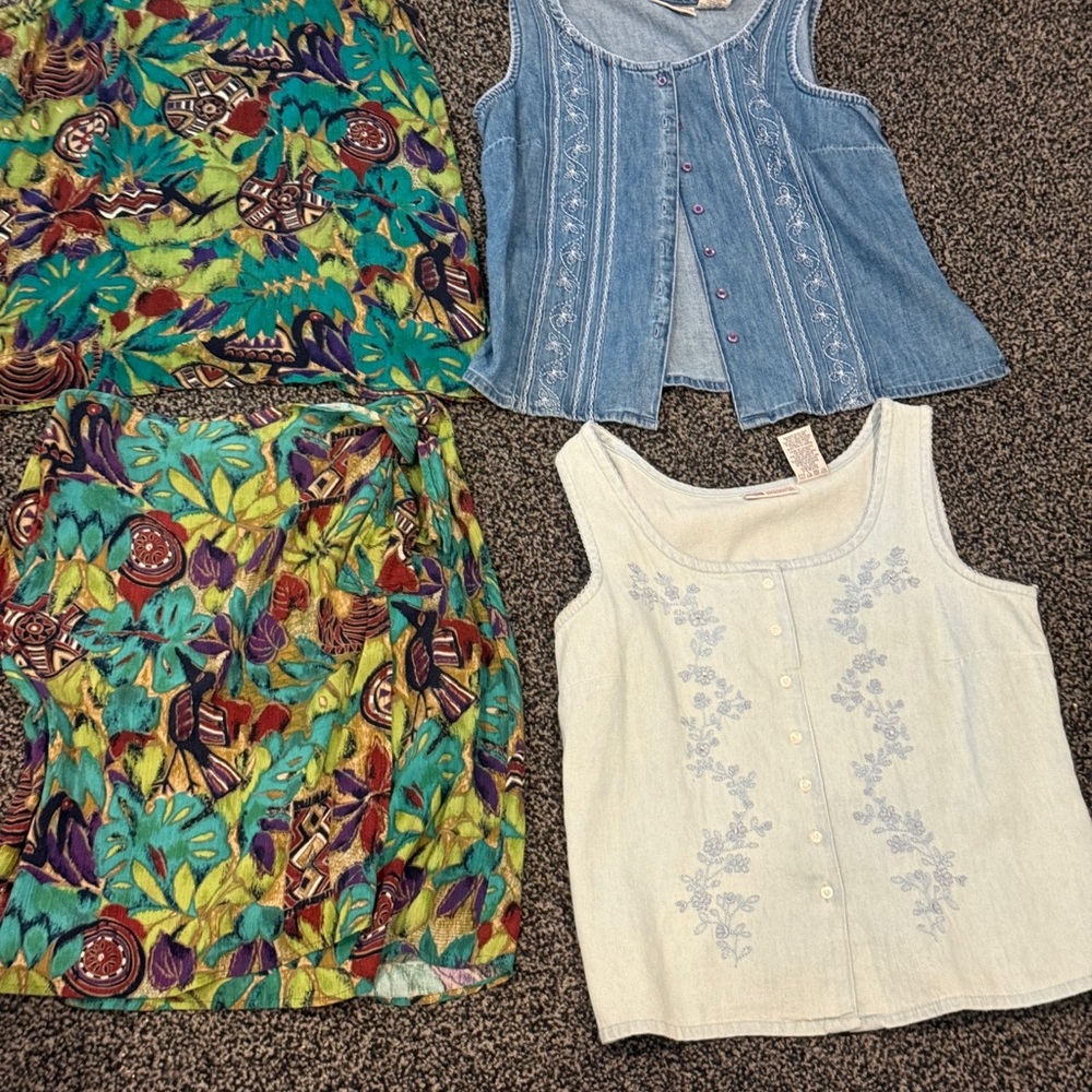 4 Bundle Vintage‎ Y2K Colorful Patterned Skirt and Denim Tops Set